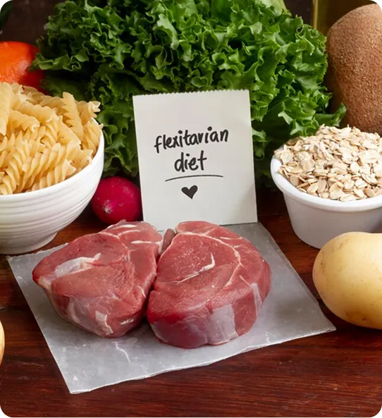 Steak, pasta and vegetables beside a flexitarian diet card