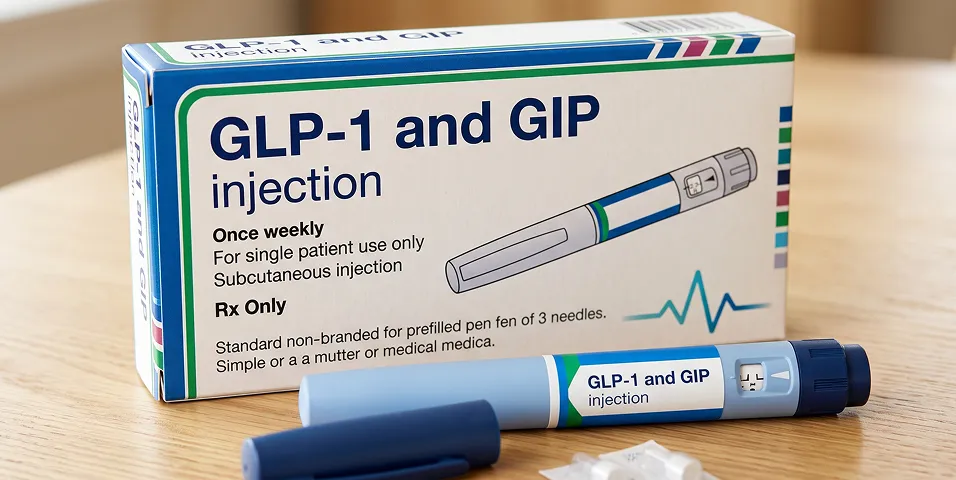 Compounded GLP-1 and GIP injection pen and box