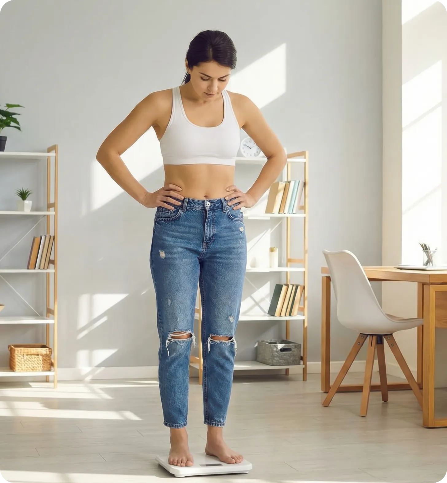 Woman checking her progress on a bathroom scale