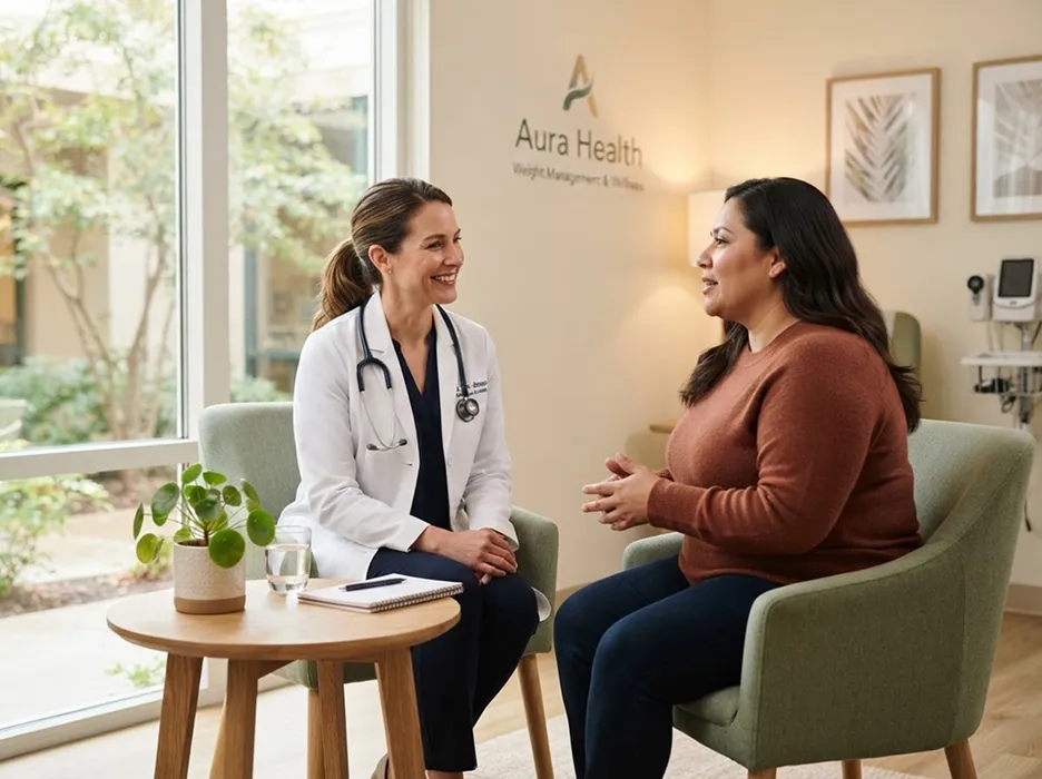 Doctor chatting with a patient in a bright clinic lounge