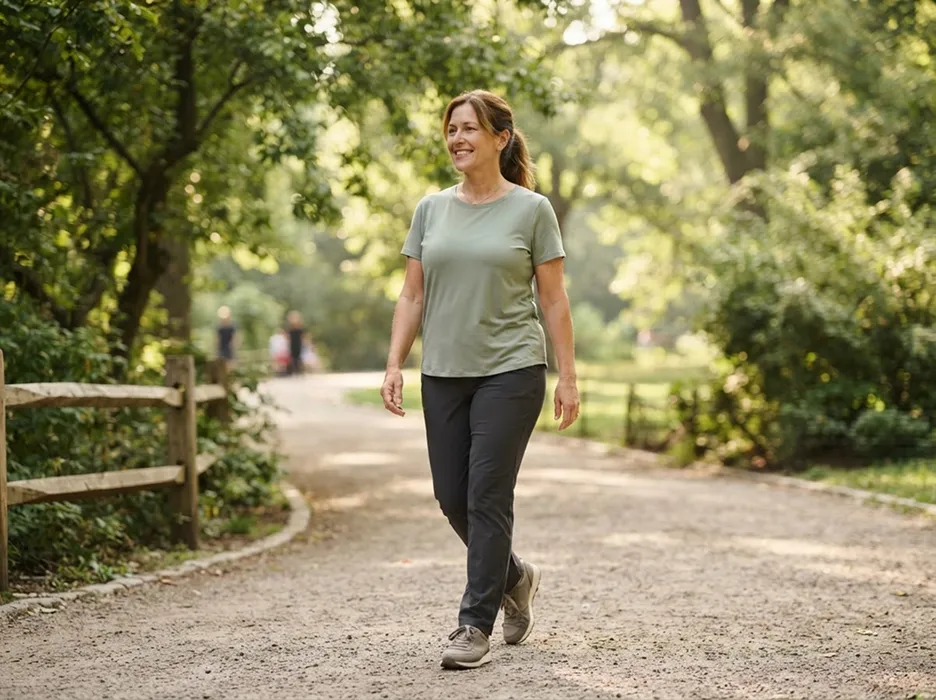 Woman walking on a tree-lined path