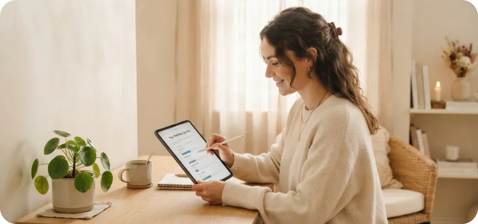 Woman filling in an online health assessment on a tablet